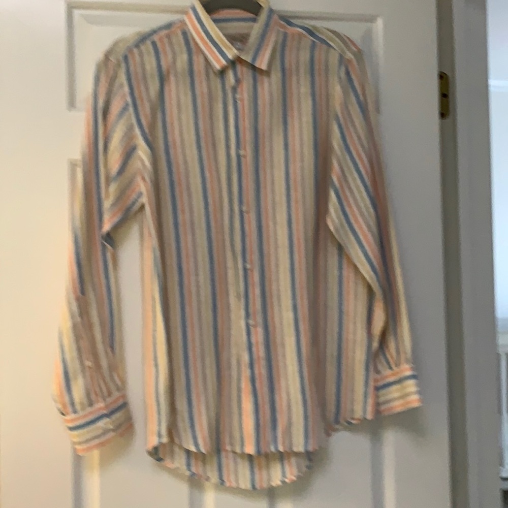 Striped shirt S by 100% Lino white/beige/blue/peach-Italian-Excellent condition